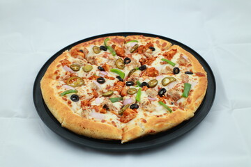 chicken pizza on white background.