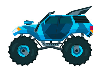 Monster truck. Bright colorful cartoon auto with big wheels. Heavy car with large tires and black tinted windows. Isolated rally 4x4 computer or mobile game