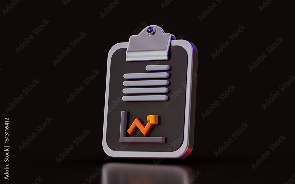 Sticker business charts with clipboard on dark background 3d illustration infographic element design graph