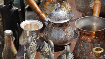 Turkish and and Arabic traditional copper coffee pots - Cezve.