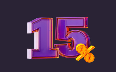purple glass effect realistic 15 percent number symbol 3d render big sale online shopping banner