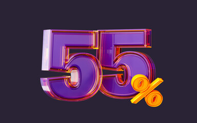 purple glass effect realistic 55 percent number symbol 3d render big sale online shopping banner