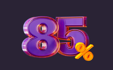 purple glass effect realistic 85 percent number symbol 3d render big sale online shopping banner