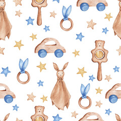 Cute baby seamless pattern with toys for boy with stars