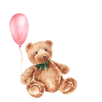 Watercolor Teddy Bear With Pink Balloon Isolated On White