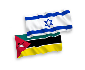 National vector fabric wave flags of Republic of Mozambique and Israel isolated on white background. 1 to 2 proportion.