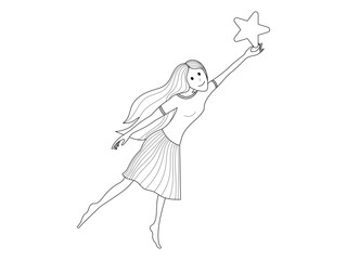 A girl in a skirt reaches for a star. Outline vector illustration.
