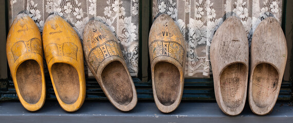 Enkhuizen, Netherlands. June 2022. Old-fashioned clogs at the Zuiderzee Museum in Enkhuizen.