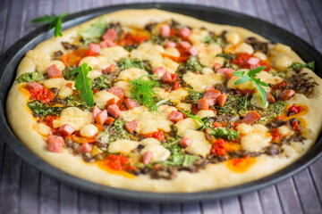 cooked pizza with mushrooms and vegetables with cheese and spices