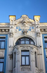 Fototapeta na wymiar Architectural elements of the building in the Art Nouveau style on Alberta Street in Riga, Latvia