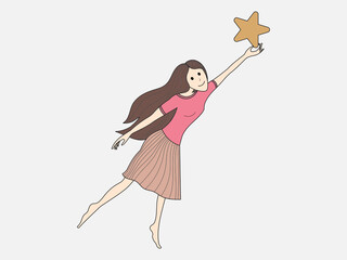 The girl is holding a star in the sky.