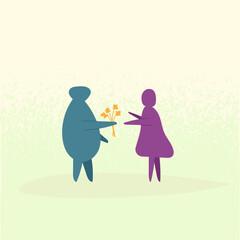 One person giving flowers to other person. Man and women on a date with flowers. Abstract human drawings. Trendy conceptual vector illustration. Surprise and romance couple. Love and dating day.