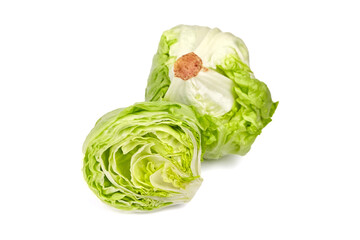 Iceberg lettuce head and half, fresh leafy green vegetable isolated on white