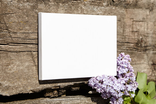 White canvas mockup with lilac flower on wooden wall