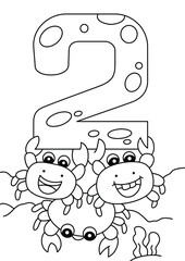 crab with number two cute coloring page for kids vector