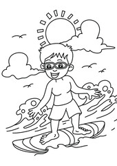 cartoon child playing surfing on the beach coloring page for kids vector