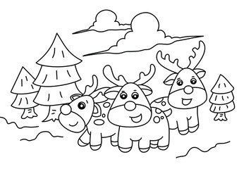 cartoon deer with fir tree coloring page or book for kids vector