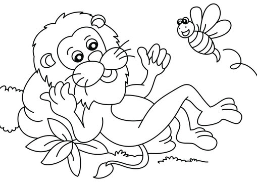 lion with bee cute coloring page for kids vector