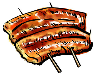 「うなぎの蒲焼き」の手書きイラスト（筆書き墨絵風）