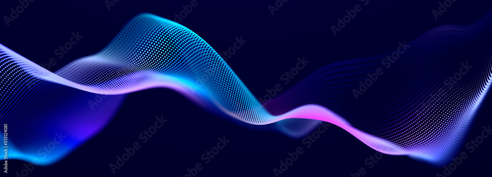 Poster Futuristic dots pattern on dark background. Colored music wave. Big data. Technology or Science Banner. 3D rendering