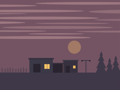 Night village house landscape vector illustration.