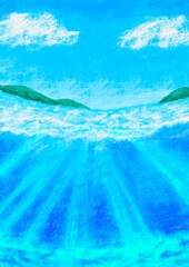 Fototapeta na wymiar パステル風で青空と雲と海の水面から海中へ光が差している背景素材