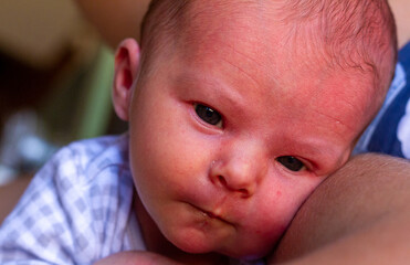 an adorable newborn baby looks at his mother with wide eyes after breastfeeding
