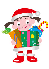 サンタのかっこうをした女の子、プレゼントいっぱい
