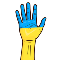 Obraz premium A man's hand is raised up, painted in the colors of the flag of Ukraine. Billboard calling for peace in Ukraine