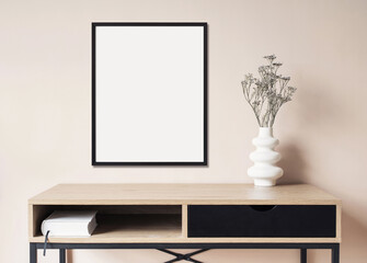 Empty vertical frame mockup in modern minimalist interior with plant in trendy vase on beige wall background. Template for artwork, painting, photo or poster