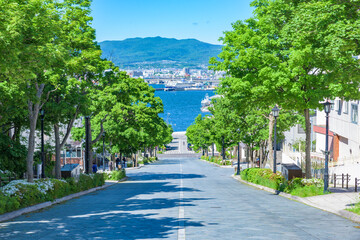 Landscape of the Hachimanzaka Slope in Hakodate City, Hokkaido, Japan.
