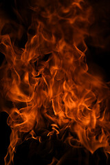 Fire flames isolated on black background. Fire burn flame isolated, flaming burning art design concept with space for text.