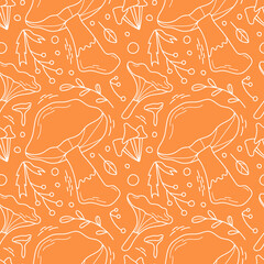Mushrooms, twigs and leaves in doodle style. Seamless vector pattern on an orange background. Autumn illustration for fabric design, textile, scrapbooking