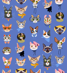 Obraz premium Cute cats head vector seamless pattern. Funny cat characters with glasses, hat and bow. Isolated on blue background