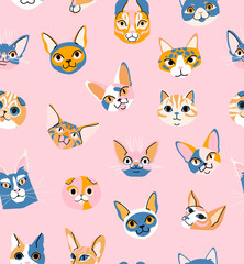Fototapeta premium Cat head seamless vector pattern on pink background. Cute cartoon pet character. Wrapping paper, textile template. Blue background. Flat design