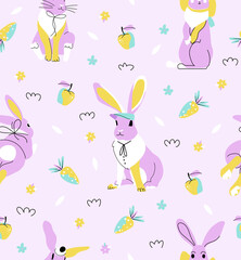 Cute rabbit seamless vector pattern on purple background. Bunny animal character. Vector illustration for branding, package, fabric and textile, wrapping paper