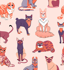 Cute cat seamless vector pattern on red background. Pet flat illustration for branding, package, fabric and textile, wrapping paper