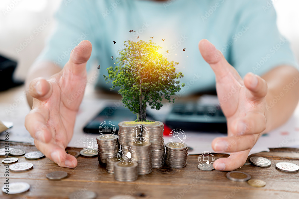 Poster a businessman holding a coin with a tree that grows and a tree that grows on a pile of money. the id
