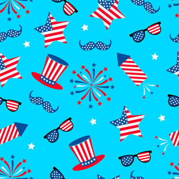 American patriotic seamless pattern. Fourth of July traditional background.  Hats and fireworks backdrop. Vector template for fabric, textile, wallpaper, wrapping paper, etc
