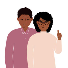 Fototapeta premium Smiling young couple, good mood concept. Positive emotions, happy people, man and woman showing thumbs up, fun and joy.