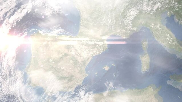 Earth zoom in from outer space to city. Zooming on Lleida, Spain. The animation continues by zoom out through clouds and atmosphere into space. Images from NASA