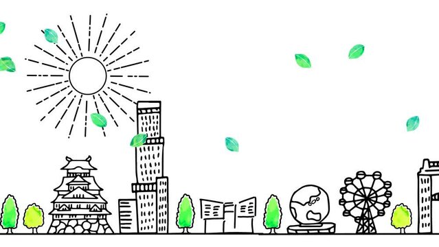 夏の大阪の観光地の街並みと太陽のループアニメーション（カニ）