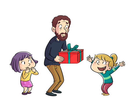 Children's illustration of father giving a gift to his daughter