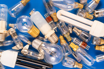 A variety of lighting bulb. Retro incandescent, halogen and mercury
