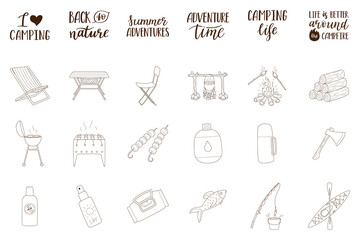 A set of doodle elements and lettering on the theme of summer, vacation, tourism, hiking, camping, picnic. Hand drawn outline icons. Black and white vector illustration isolated on a white background