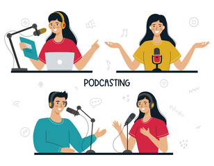 Set of people talking into a microphone, recording a podcast. A woman interviews a man. The girl leads a radio broadcast, an online show, read news. Flat vector illustrations isolated on white
