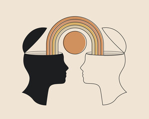 Conceptual illustration of relationships or empathy or positive emotional sharing with two heads and a rainbow between them isolated on light background. Vector illustration - obrazy, fototapety, plakaty