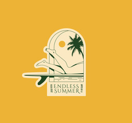 Summer vacation surfing logo or badge or label or sticker design template with girl swims on a surf in the arch. Vector illustration - obrazy, fototapety, plakaty