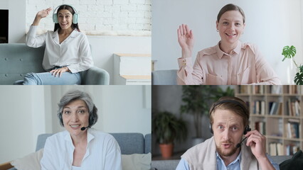 Diverse group of people, office coworker on video online conference call, remote team meeting. Listen webinar, mentor speaking during virtual chat, training webcast. 