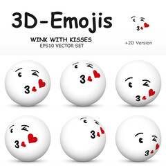 3D Emoji with WINK WITH KISSES Facial Expressions in 6 Different 3D Perspectives -  EPS10 Vector Collection
